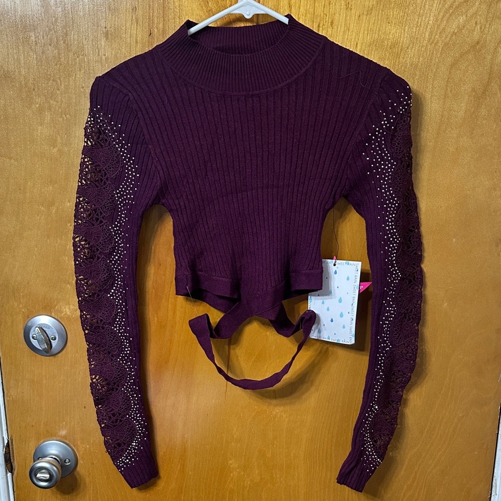 Sweet Rain Purple Lace Bejeweled Sleeve Crop Top